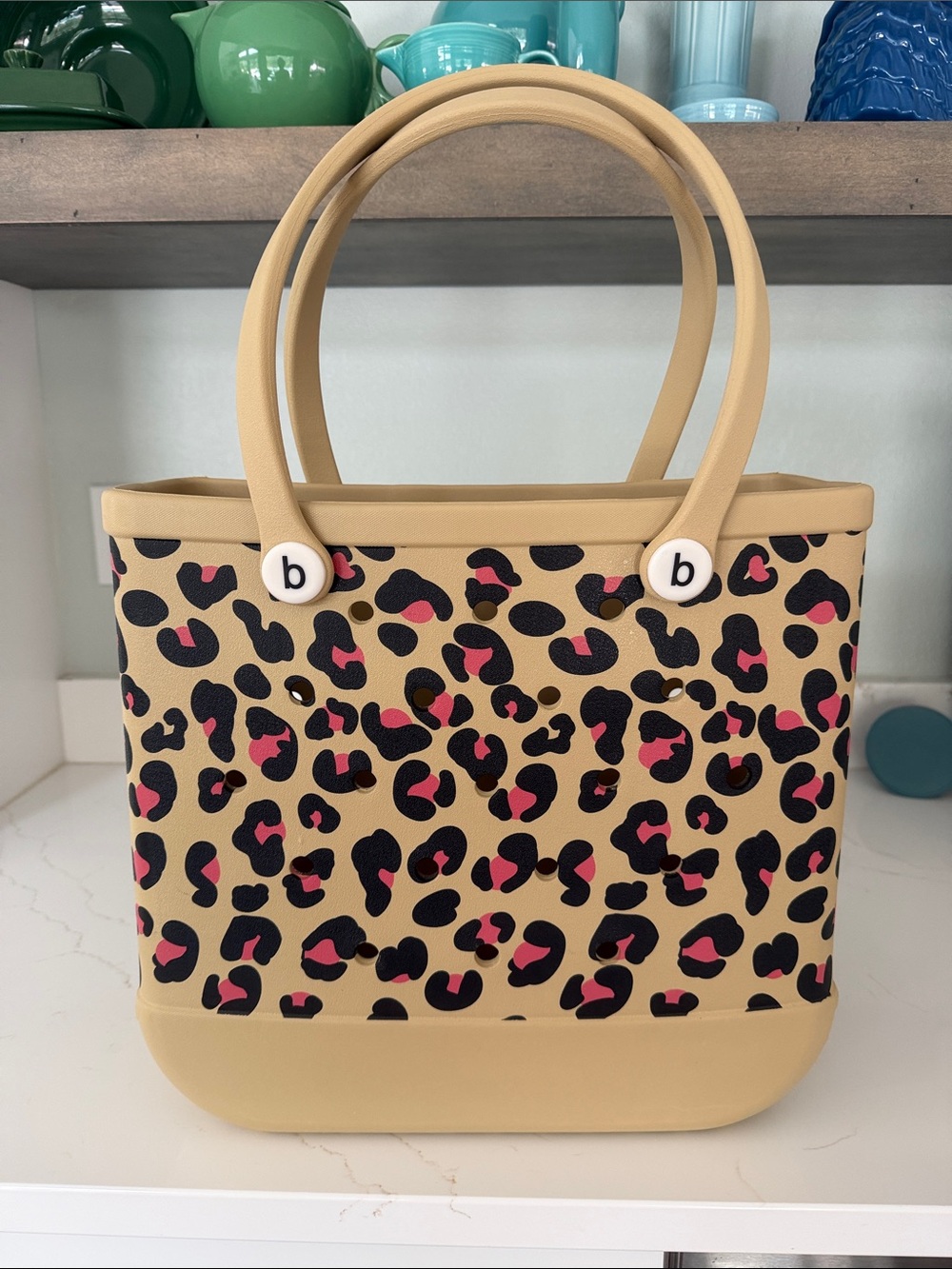 BOGG BAG Tan Leopard Print Tote with Black and Pink/Coral Spots
